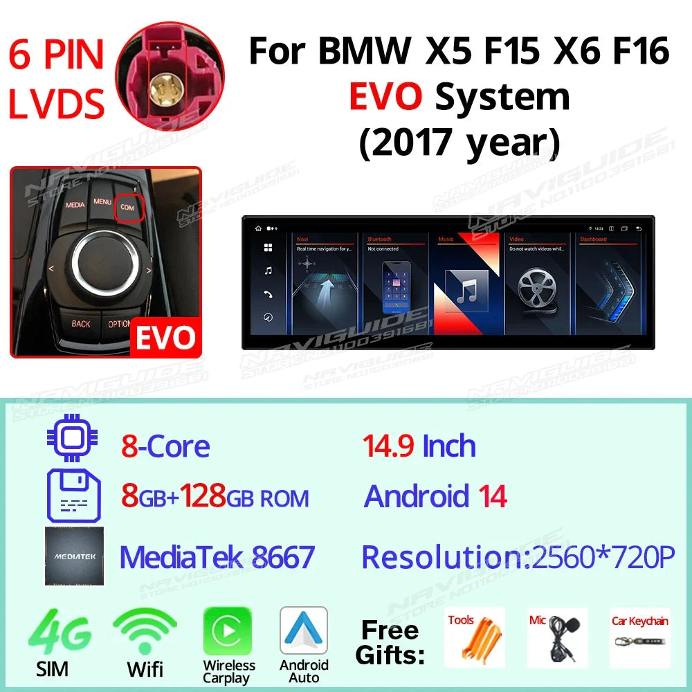 NAVIGUIDE 14.9'' Wireless CarPlay Auto For BMW X5 F15 X6 F16 2014-2017 NBT EVO System Car GPS Navi Multimedia Player Android 14