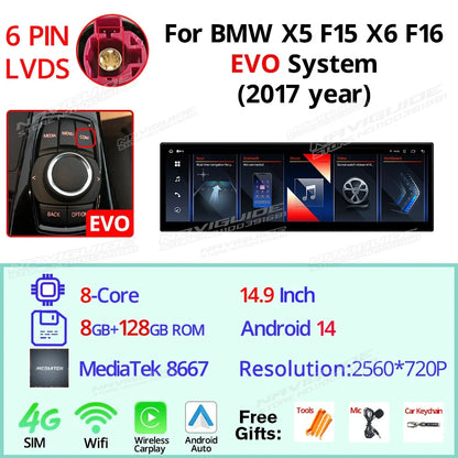 NAVIGUIDE 14.9'' Wireless CarPlay Auto For BMW X5 F15 X6 F16 2014-2017 NBT EVO System Car GPS Navi Multimedia Player Android 14