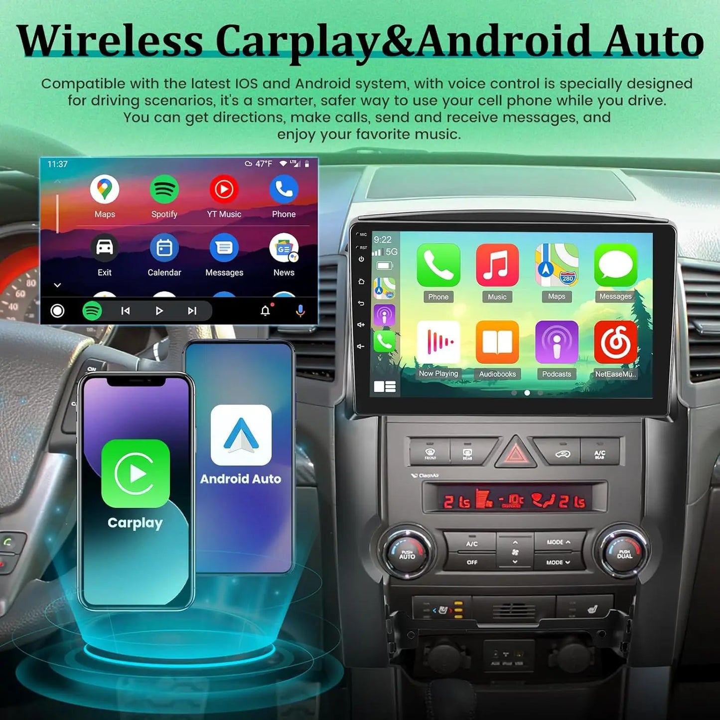for Kia Sorento 2009-2012 Wireless CarPlay and Android Auto 10" Touchscreen Kia Sorento Headunit - WiFi/SWC + AHD Backup Camera