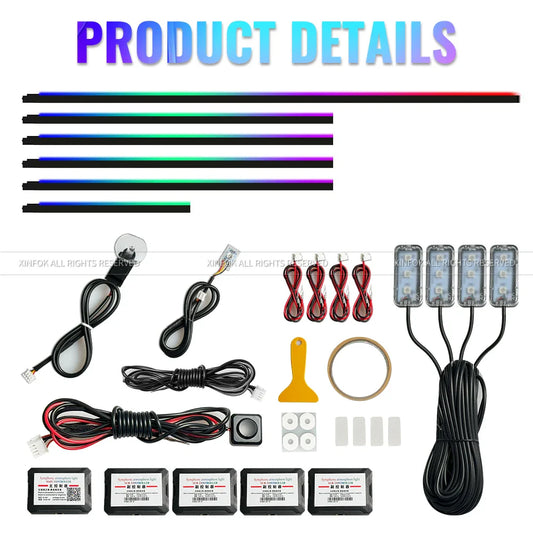 14 in 1 Dual Zone Symphony LED Car Ambient Lights RGB 64 Colors Interior Rainbow Acrylic Strip Neon Atmosphere Lighting Kit App