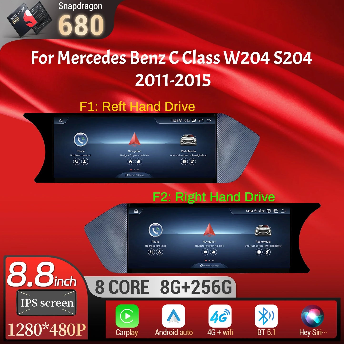 8.8 inch Android 14 For Mercedes Benz C Class W204 S204 2011-2015 Car Radio BT Carplay Qualcomm Snapdragon 680 Head Unit Screen