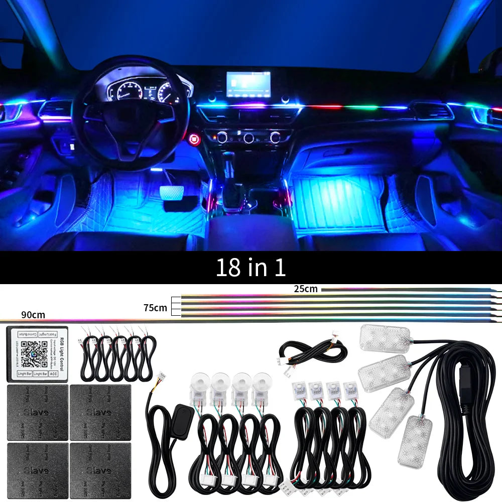 14/18 in 1 Led Car Ambient Lights RGB Symphony 213 Color Rainbow Acrylic Strips Atmosphere Lamp Kit Support One Zone Dual Zone