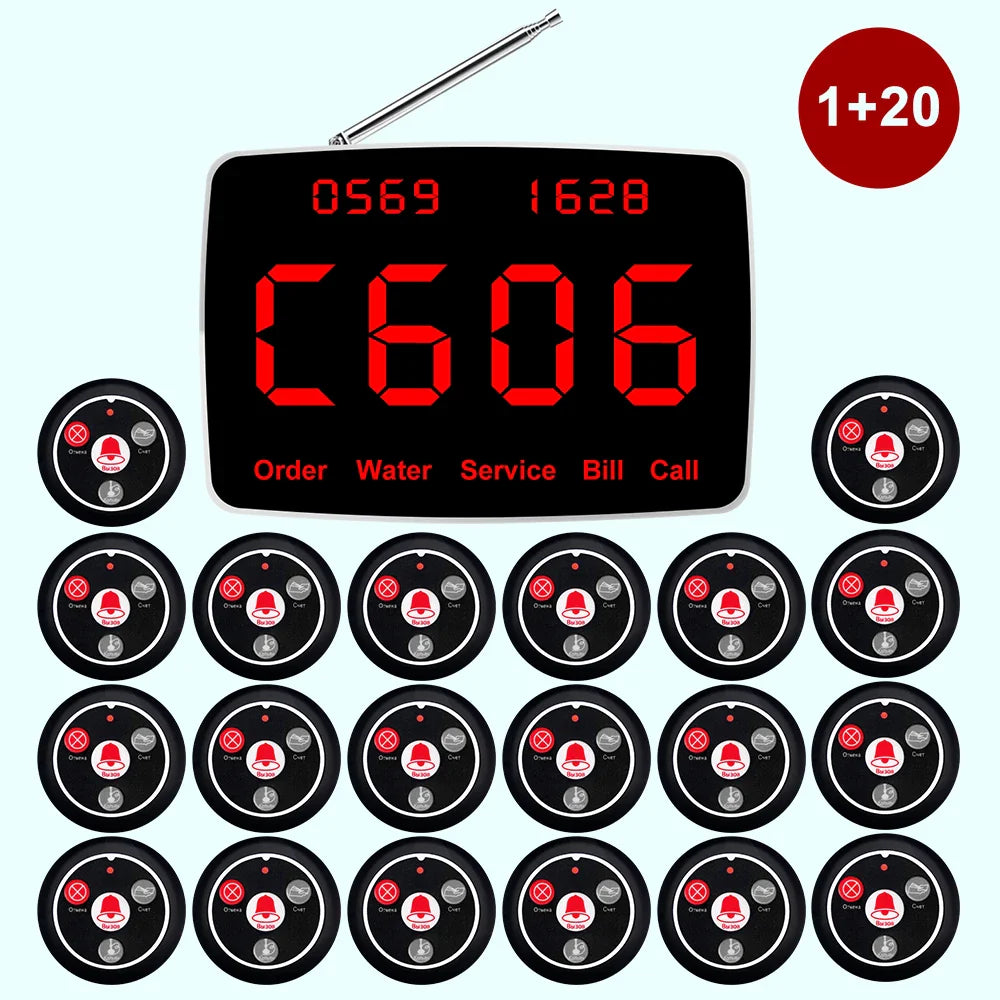 Wireless Waiter pager System Restaurant Smart Voice Broadcast 20 Call Buttons for Bar, Office, Cafe, and Customer Service Bell