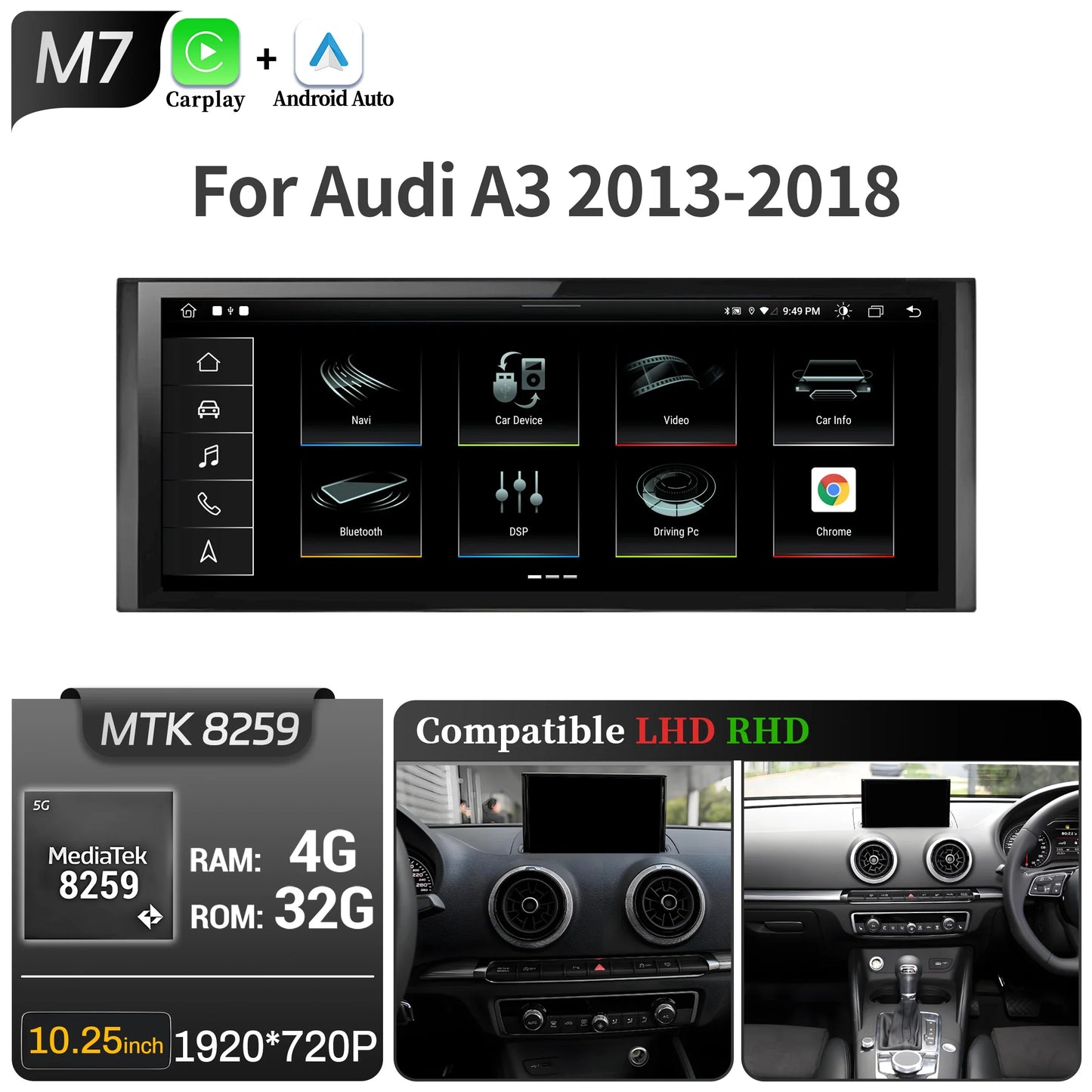 10.25 inch Android 14 For Audi A3 2013-2018 Car Radio Wireless Bluetooth Carplay Head Unit Qualcomm Snapdragon 680 Touch Screen