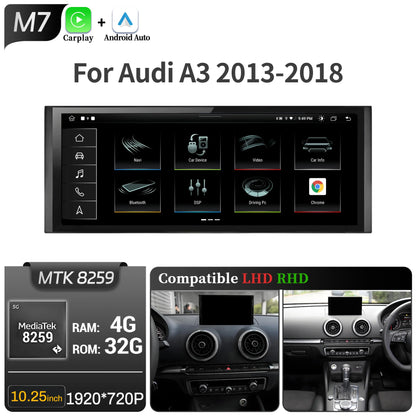 10.25 inch Android 14 For Audi A3 2013-2018 Car Radio Wireless Bluetooth Carplay Head Unit Qualcomm Snapdragon 680 Touch Screen