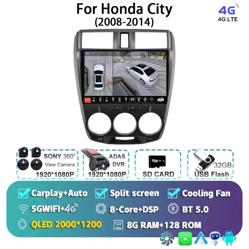 Android 14 Carplay Auto GPS For Honda City 2008 2009 2010 - 2014 Car Radio DSP Multimedia WIFI+4G Head Unit Video Stereo Player