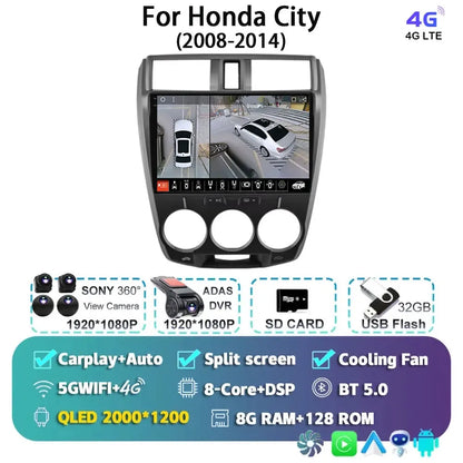 Android 14 Carplay Auto GPS For Honda City 2008 2009 2010 - 2014 Car Radio DSP Multimedia WIFI+4G Head Unit Video Stereo Player