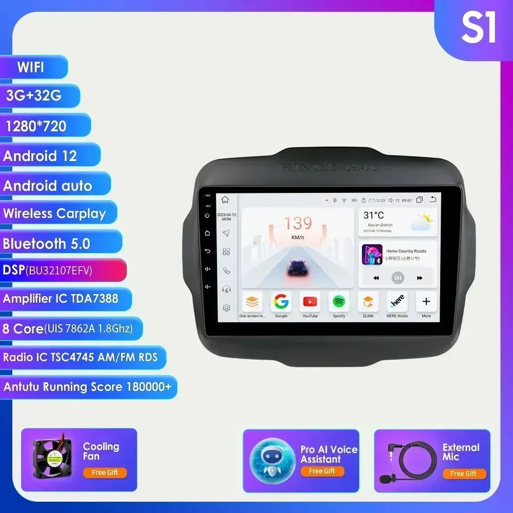 7862 Carplay 4G-LTE 9" Car Radio Android for Jeep Renegade 2016-2020 Multimedia Player Navigation GPS 2 Din Stereo DSP Autoradio