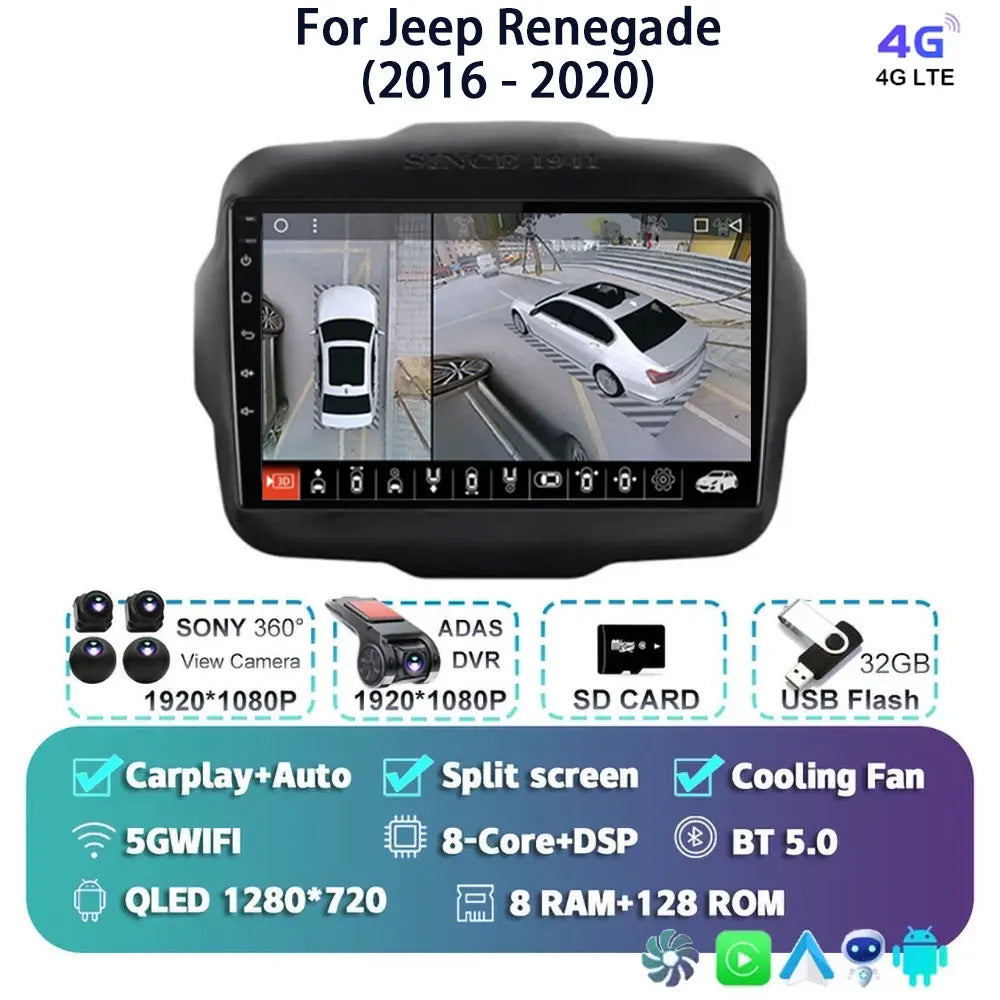 Android 14 For Jeep Renegade 2016 - 2020 2K QLED Android Car Radio Multimedia Video Player GPS AI Voice CarPlay 4G Stereo