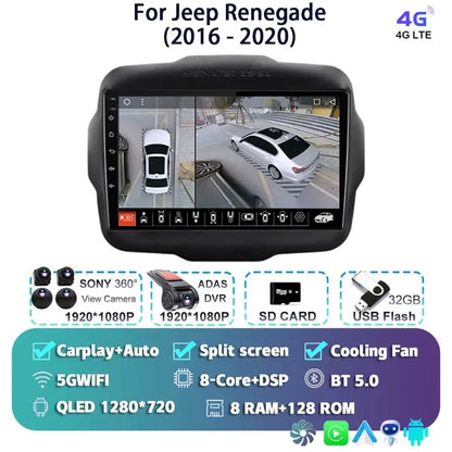 Android 14 For Jeep Renegade 2016 - 2020 2K QLED Android Car Radio Multimedia Video Player GPS AI Voice CarPlay 4G Stereo