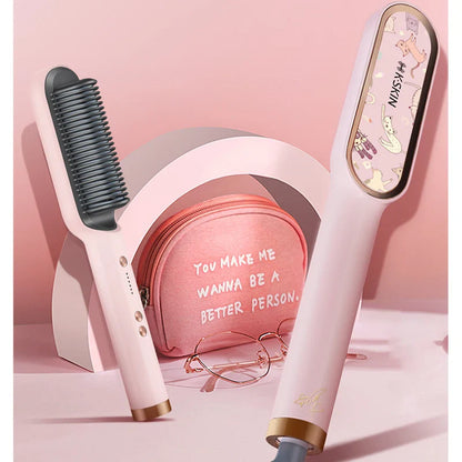2in1 Professional Ionic Hair Straightener Curler Brush Ceramic PTC Heating Fast Straightening Curling Iron Hot Comb Styling Tool