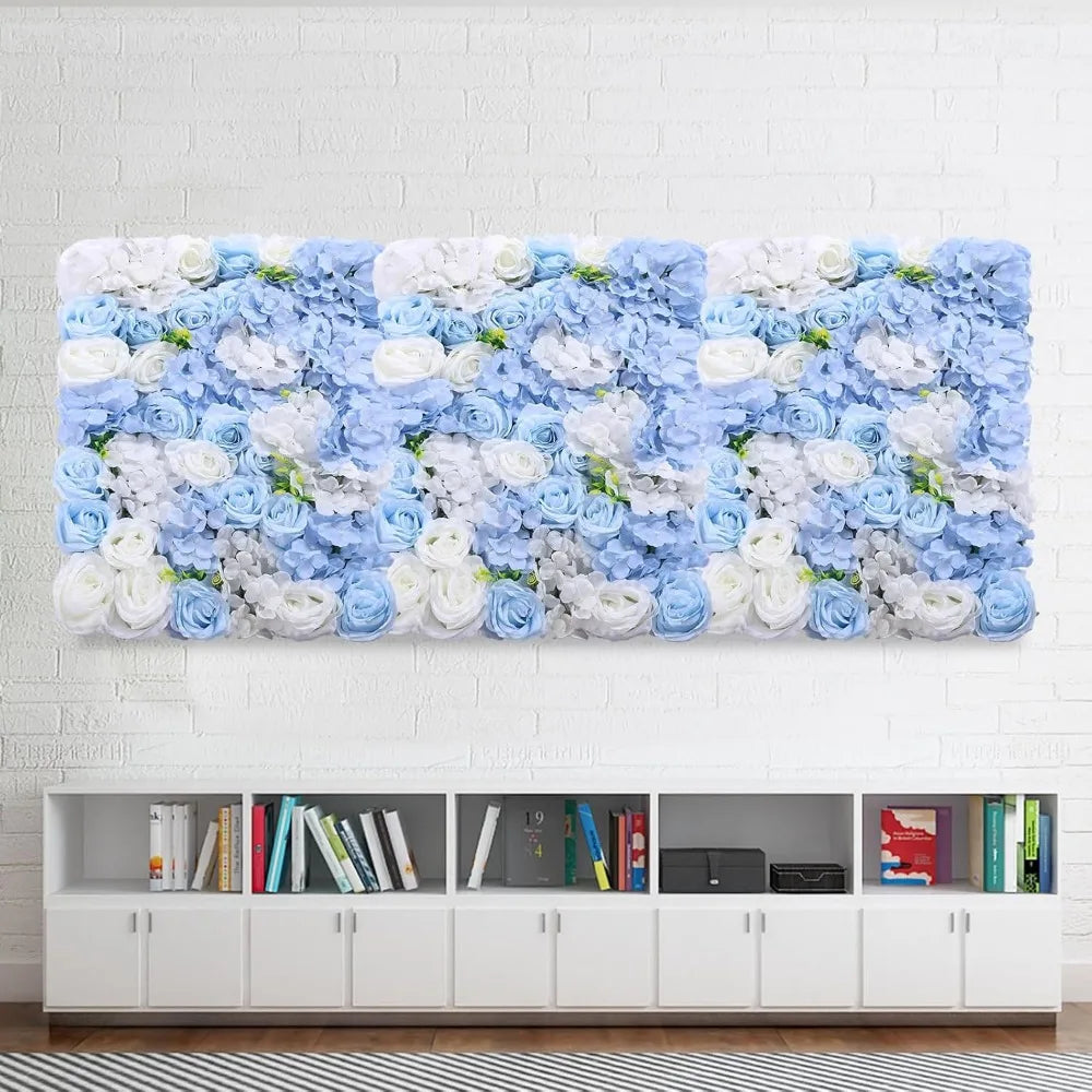 Artificial Flower Wall Panel 4 Pcs White Silk Rose Blue Hydrangea Flower Wall Mat Fake Flower Wall Backdrop for Party