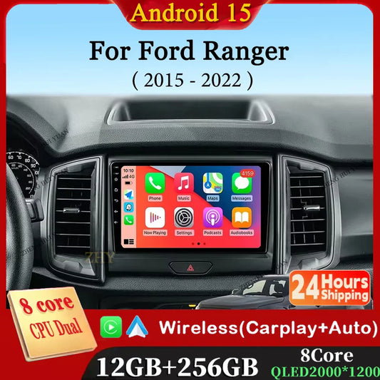 Android 15 Car Radio Stereo QLED Screen For Ford Ranger 2015 2016 2017 2018 2019-2022 GPS Multimedia Carplay Autoradio Head unit