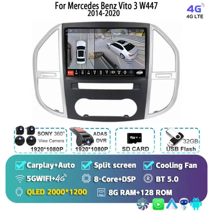 Android 14 For Mercedes Benz Vito 3 W447 2014-2020 2K QLED Android Car Radio Multimedia Video Player 4G Stereo CarPlay Head Unit