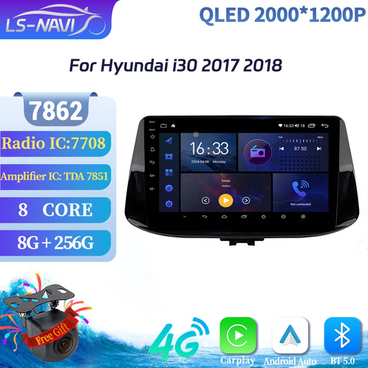 For Hyundai i30 2017 2018 CarPlay Car Radio Multimedia Player Navigation Wireless BT Carplay Android 14 Stereo 2K QLED Screen