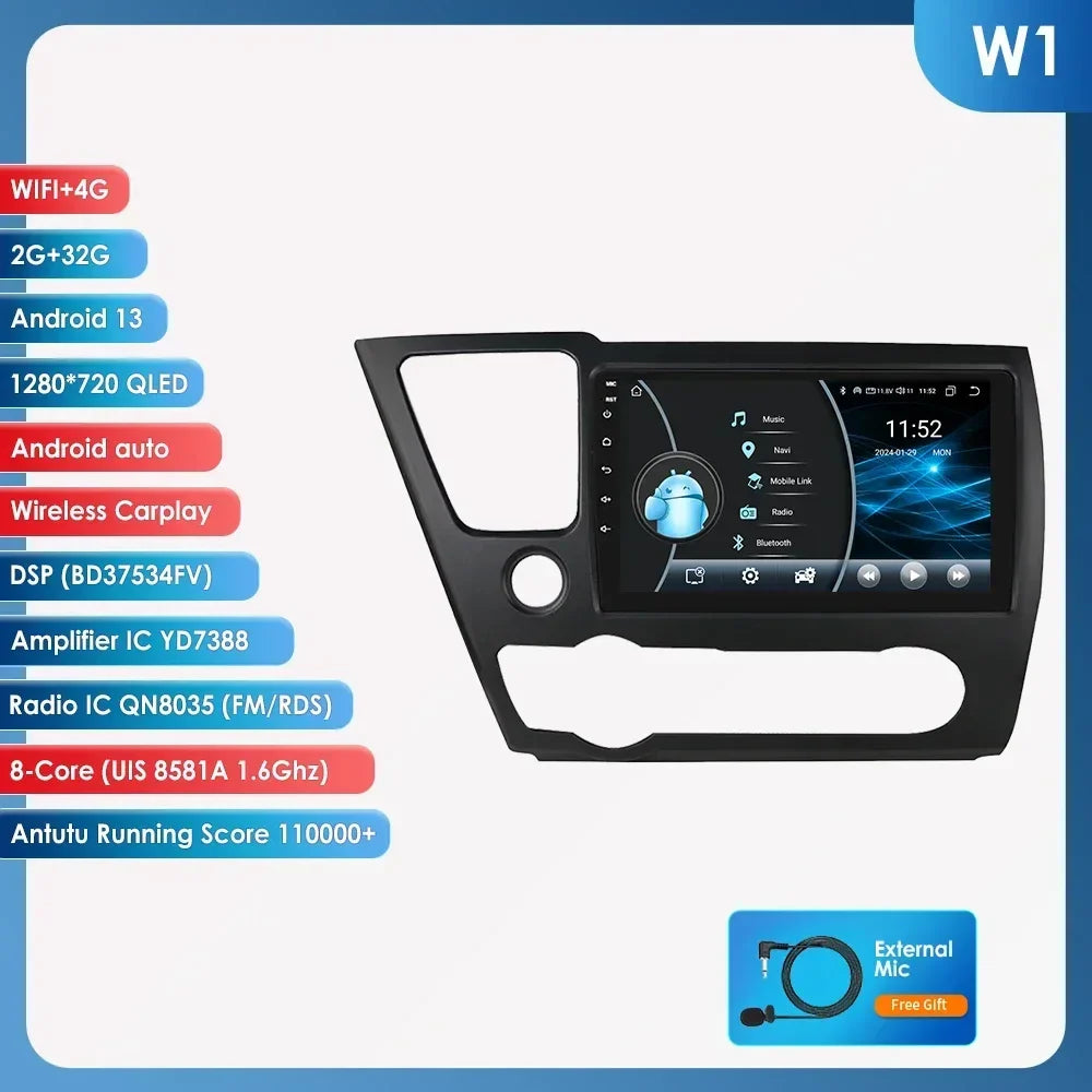 Hizpo For Honda Civic 9 2013 2014 2015 2016 Android 13 Carplay Car Radio Multimedia Video Player GPS Navigation 2 Din Autoradio