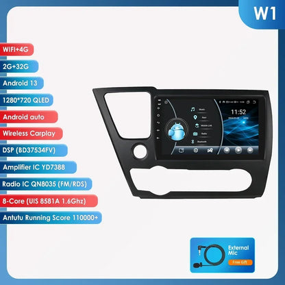 Hizpo For Honda Civic 9 2013 2014 2015 2016 Android 13 Carplay Car Radio Multimedia Video Player GPS Navigation 2 Din Autoradio