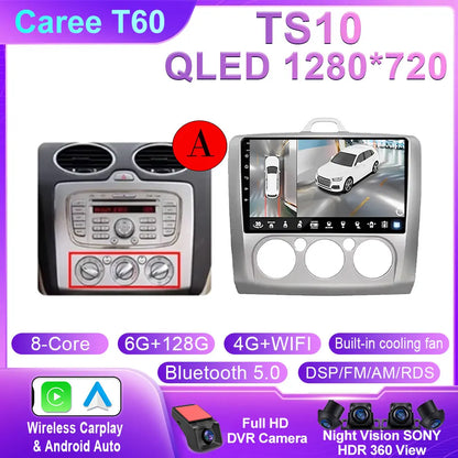 Android 14 Wireless CarPlay Auto For Ford Focus 2 3 Mk2 Mk3 2004-2011 4G+WIFI Car Radio Multimedia Stereo Player GPS 360 Camera