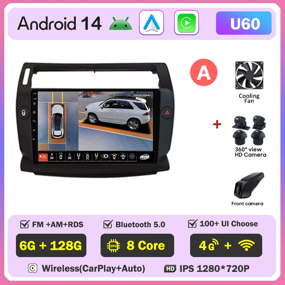Android 14 For Citroen C4 C-Triomphe Quatre 2004-2014 Car Radio Multimedia Video Player GPS 2Din Android Carplay Stereo DVD 4G