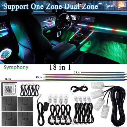 18 in 1 Dual Zone Symphony 64 Colors Streamer Car Ambient Light RGB Interior Rainbow Acrylic Strip Atmosphere Lighting kit App