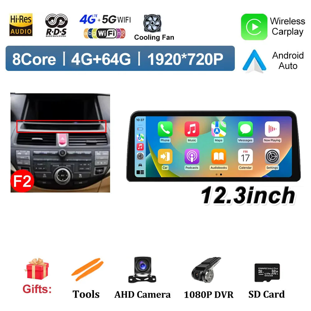 12.3 inch Android 14 for Honda Accord 8 2008 2009 - 2013 Car Multimedia Radio Player Wireless Carplay Monitor GPS Navigation BT