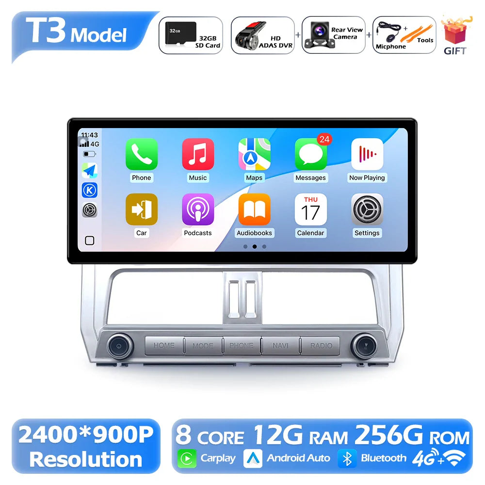 2400*900P 12.3 Inch For Toyota Prado 2018 Car Multimedia Plyaer Stere Radio WIFI Android Auto Carplay Bluetooth 4G DSP RDS