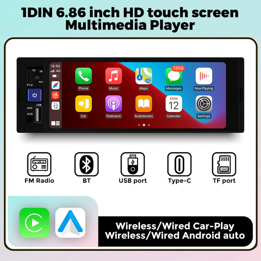 1din 6.86-inch HD Screen Radio Multimedia Smart CarPlay Android Auto Video Player for VW Kia Ford Toyota Mazda Universal Car USB