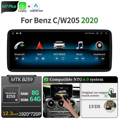 For Mercedes Benz C-Class W205 S205 2018-2020 12.3inch Car Radio Android 14 Wireless Carplay Snapdragon 680 SM6225 Touch Screen