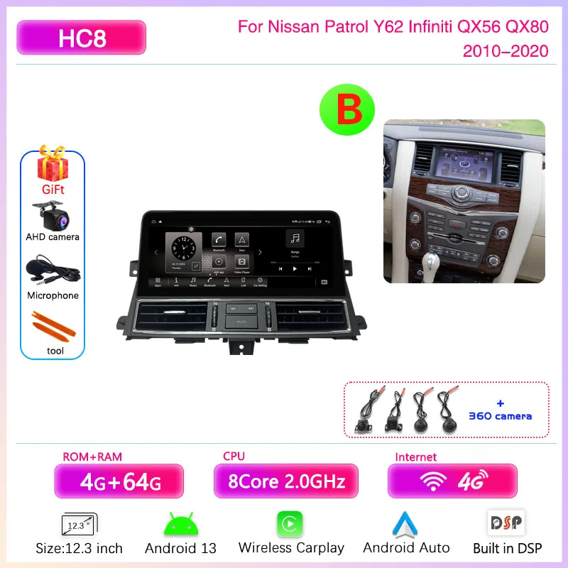 12.3 " Android13 Car Multimedia Video Player For Nissan Patrol Y62 Infiniti QX56 QX80 2010-2020 GPS Navigation CarPlay Auto 4G