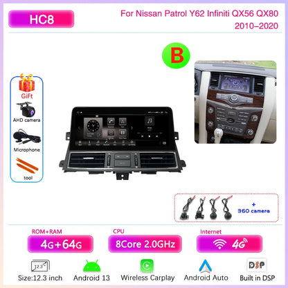 12.3 " Android13 Car Multimedia Video Player For Nissan Patrol Y62 Infiniti QX56 QX80 2010-2020 GPS Navigation CarPlay Auto 4G