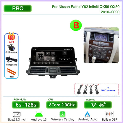 12.3 " Android13 Car Multimedia Video Player For Nissan Patrol Y62 Infiniti QX56 QX80 2010-2020 GPS Navigation CarPlay Auto 4G
