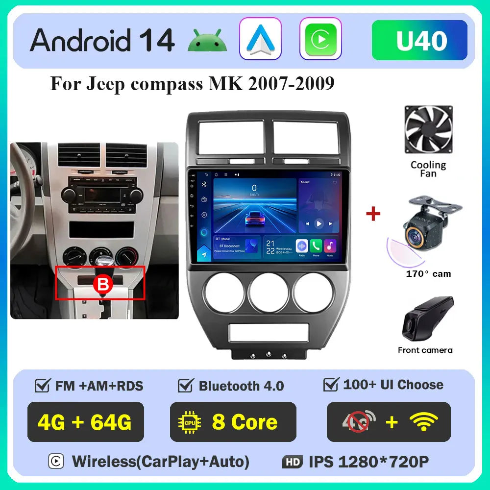 Android 14 Car For Dodge Caliber 2007-2010 For Jeep compass MK 2007-2009 stereo Radio Wireless Carplay Android Auto Radio Stereo