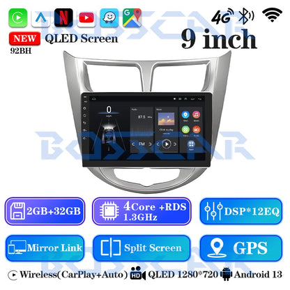 BOSSCAR 9" Car Radio For Hyundai Verna Accent Solaris 2010-2016 2Din Android Car Stereo DVD GPS Navigation Player QLED Carplay