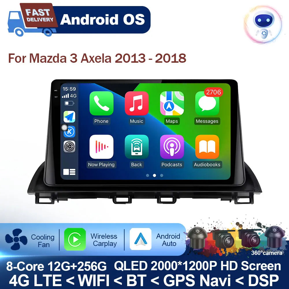 Car Radio Stereo Player for Mazda 3 Axela 2013 - 2018 Android Auto Wireless Carplay WiFi BT GPS Navigation QLED Screen Head Unit