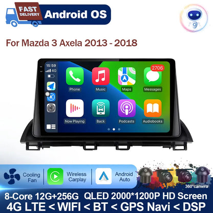 Car Radio Stereo Player for Mazda 3 Axela 2013 - 2018 Android Auto Wireless Carplay WiFi BT GPS Navigation QLED Screen Head Unit