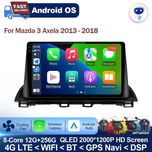 Car Radio Stereo Player for Mazda 3 Axela 2013 - 2018 Android Auto Wireless Carplay WiFi BT GPS Navigation QLED Screen Head Unit