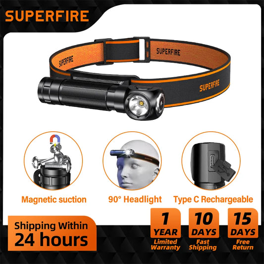 SUPERFIRE High Power LED Headlamp USB Rechargeable 90° Headlight Camping Torch with Power Indicator Magnet Tail Head Flashlight