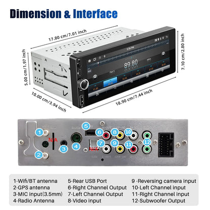 ESSGOO 6.86" Android 14 4+64G Universal Single DIN Car Stereo Radio CarPlay Android Auto BT USB SWC Wifi FM GPS Navi Mirror link