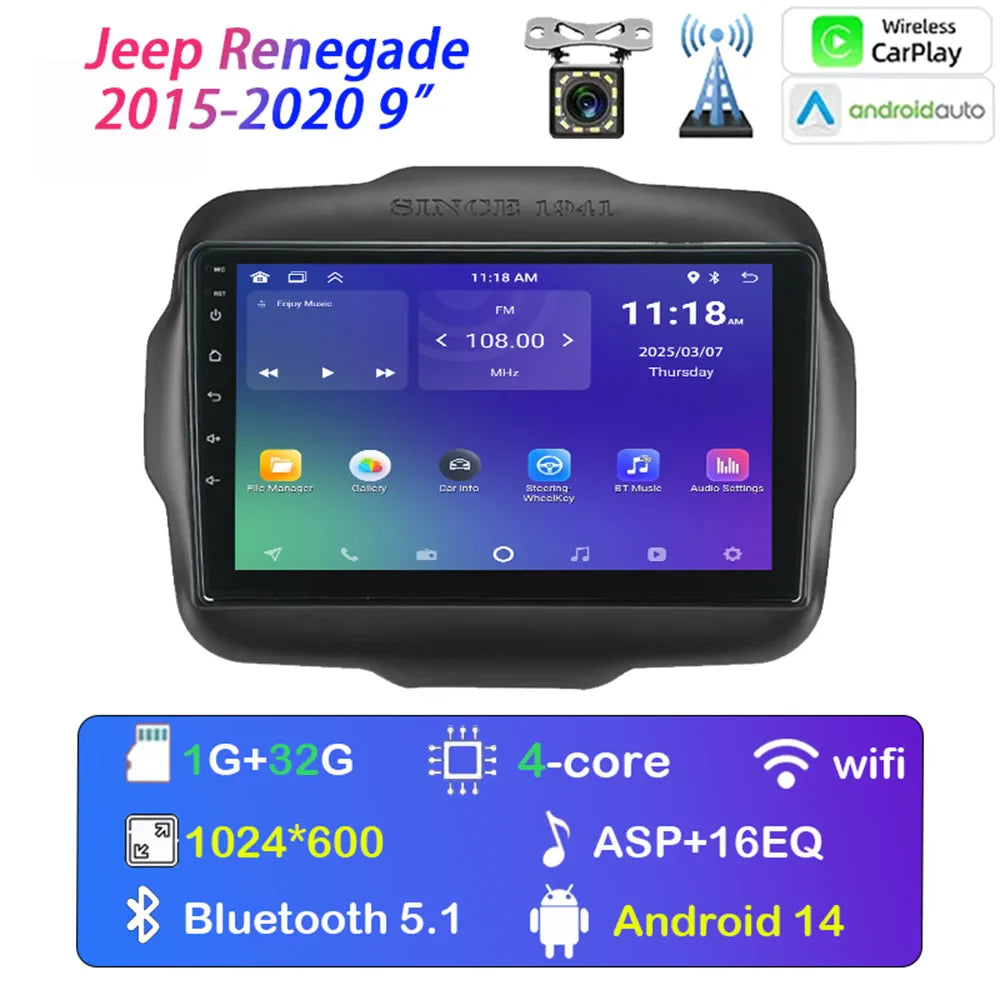 [MTIJIEY] 6+128G Car Radio for Jeep Renegade 2015-2020 Android Auto Carplay GPS Stereo Multimedia Player Wifi BT FM/ RDS DSP SWC