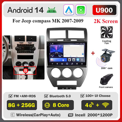 Android 14 Car For Dodge Caliber 2007-2010 For Jeep compass MK 2007-2009 stereo Radio Wireless Carplay Android Auto Radio Stereo