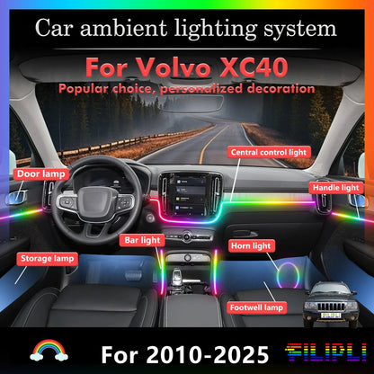 For Volvo XC40 Car Interior Mood Ambient Light RGB 64-Color LED Smart Remote Control Atmosphere Lamp Energy Saving Kit