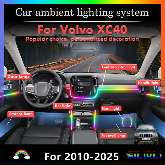 For Volvo XC40 Car Interior Mood Ambient Light RGB 64-Color LED Smart Remote Control Atmosphere Lamp Energy Saving Kit