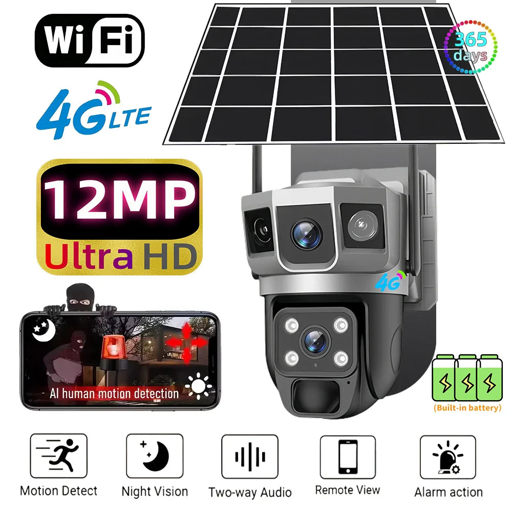 4G Solar IP Camera WIFI CCTV 12MP Dual Lens Triple Screen PTZ Auto Tracking 6K Curious Security Surveillance V380 Pro Camera power tools