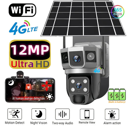 4G Solar IP Camera WIFI CCTV 12MP Dual Lens Triple Screen PTZ Auto Tracking 6K Curious Security Surveillance V380 Pro Camera power tools