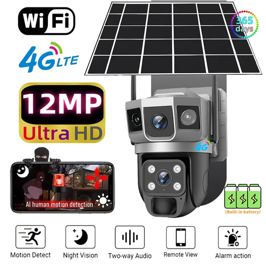 4G Solar IP Camera WIFI CCTV 12MP Dual Lens Triple Screen PTZ Auto Tracking 6K Curious Security Surveillance V380 Pro Camera power tools