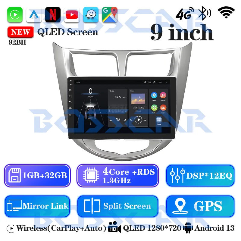 BOSSCAR 9" Car Radio For Hyundai Verna Accent Solaris 2010-2016 2Din Android Car Stereo DVD GPS Navigation Player QLED Carplay