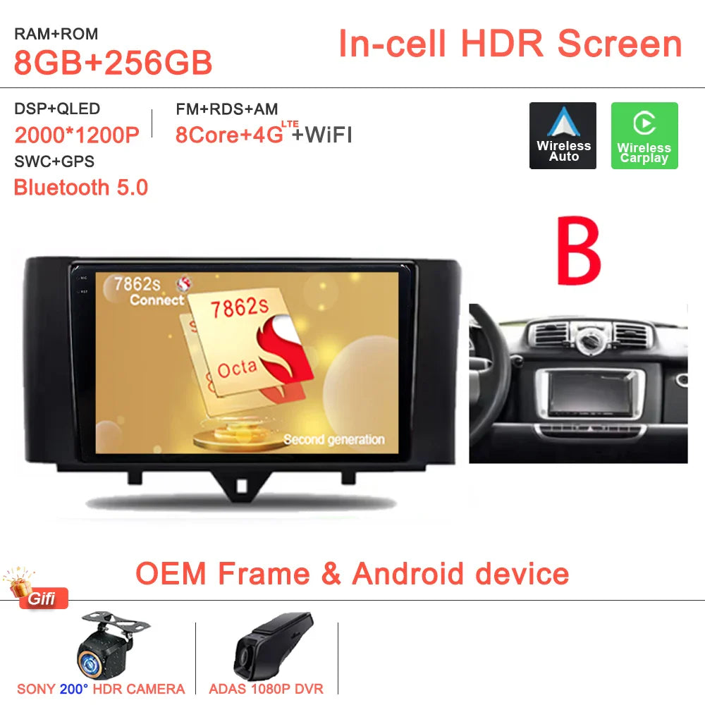 Android 14 Car For Mercedes Benz Smart Fortwo 451 2005 - 2015 Stereo Head Unit GPS Navigation Multimedia Autoradio Dash Cam DVD