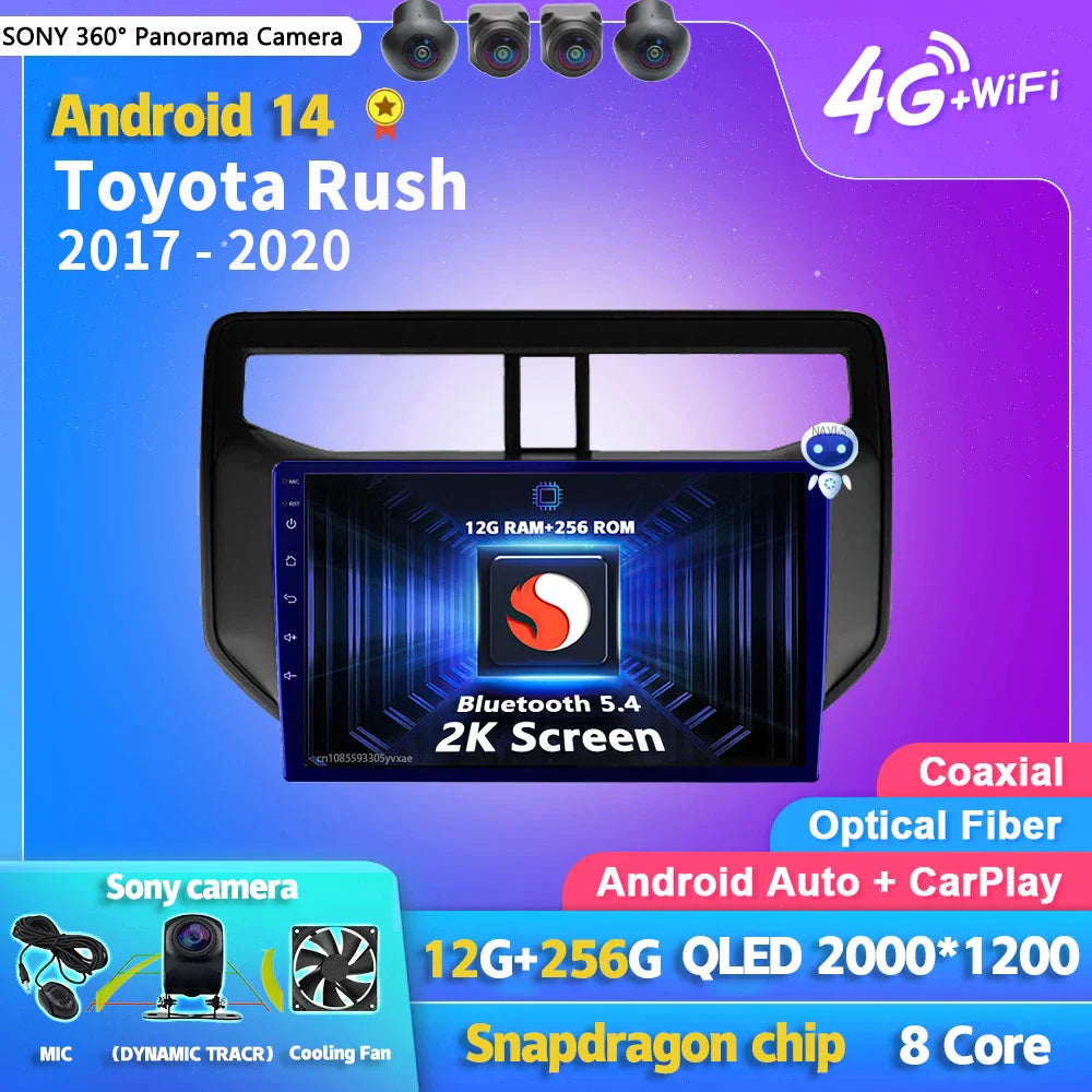 Android 14 Carplay Auto 2K Screen Car Radio BT Multimedia Player For Toyota Rush 2017 - 2020 Autoradio GPS Stereo 2din Head Unit
