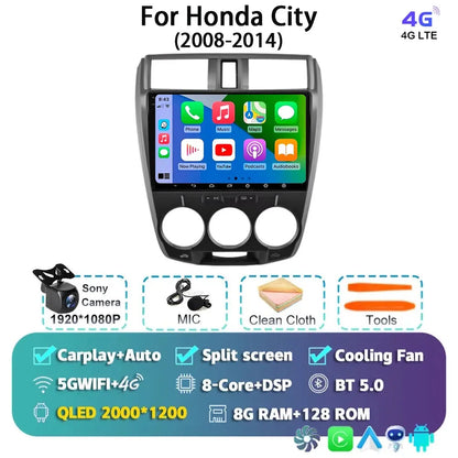 Android 14 Carplay Auto GPS For Honda City 2008 2009 2010 - 2014 Car Radio DSP Multimedia WIFI+4G Head Unit Video Stereo Player