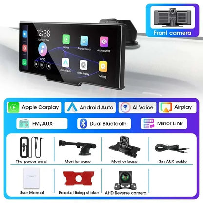 10.26"Car DVR with CarPlay&Android Auto,4K(3840*2160) Front and 1080P RearCamera,VoiceControl,BT,FM,GPS Recorder,DualLensDashcam